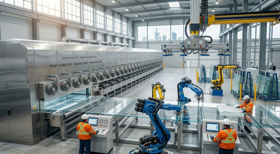 فرآیند تولید شیشه جام خام یا فلوت روی قلع مذاب در کارخانه - Production line of flat float raw glass sheets over liquid tin bath in industrial glazing factory