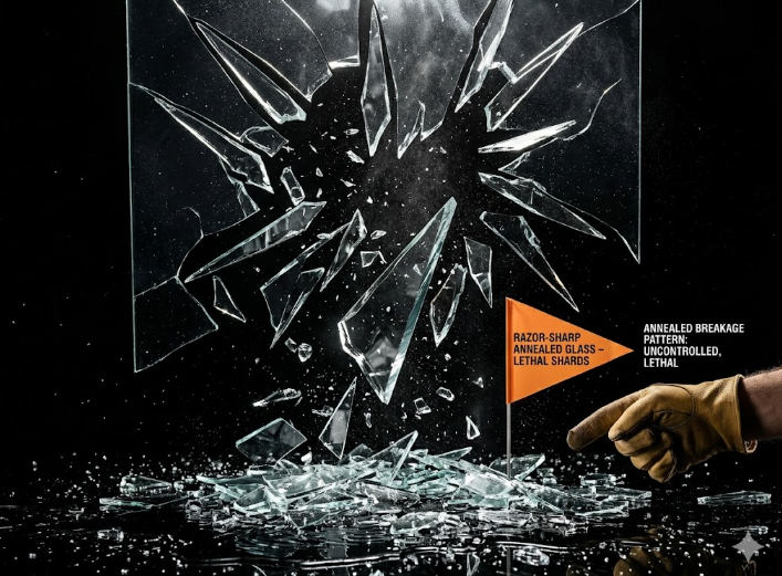الگوی شکستگی خطرناک و تیز شیشه خام یا آنیل شده - Highly dangerous and sharp jagged break pattern of raw annealed non-safety glass