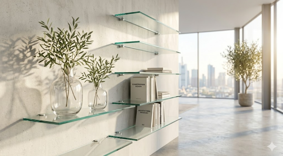 شلف ها و قفسه های شیشه ای داخلی ساخته شده از شیشه آنیل شده - Contemporary minimalist floating interior glass shelves and cabinetry display using standard thin annealed glass sheets