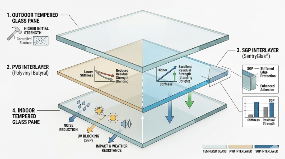 لایه های مختلف تشکیل دهنده تایل شیشه لمینت ساختمانی - Multi-layer structural laminated safety glass layout