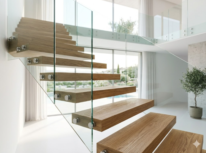 پله مدرن چوبی با حفاظ شیشه ای فیکس پوینت یا استنداف - Modern wood stairs with standoff glass railing