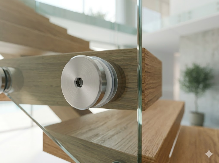 نمای نزدیک از یراق استنداف یا فیکس پوینت استیل ضد زنگ روی بدنه پله - Close-up of stainless steel standoff pin point fixings on staircase stringer