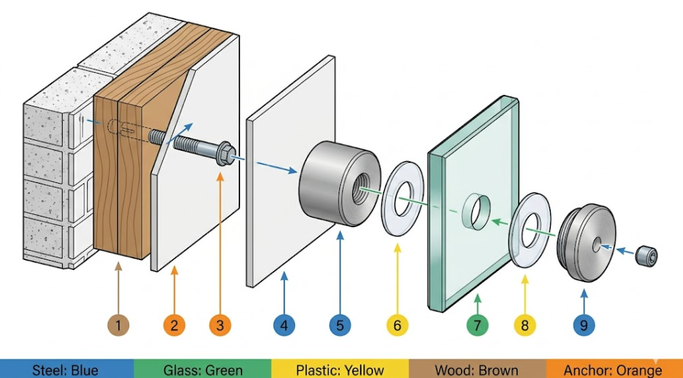 Structural framing and installation details for standoff pin glass handrail