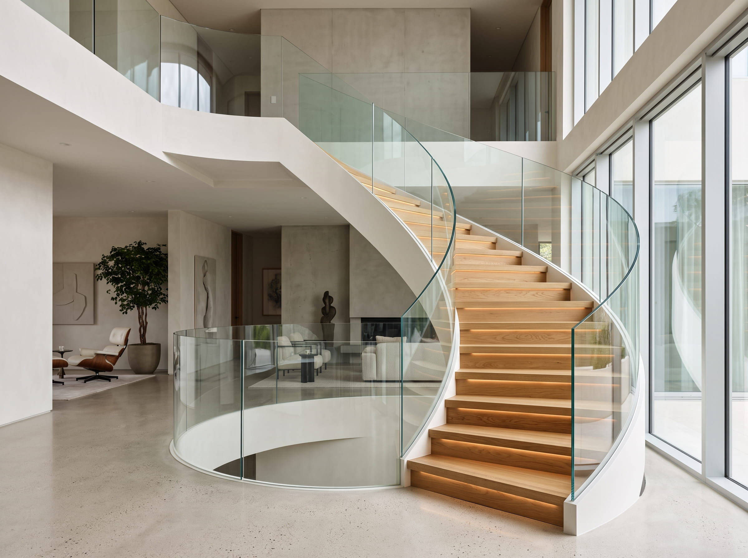 Curved tempered glass staircase railing in a modern residence