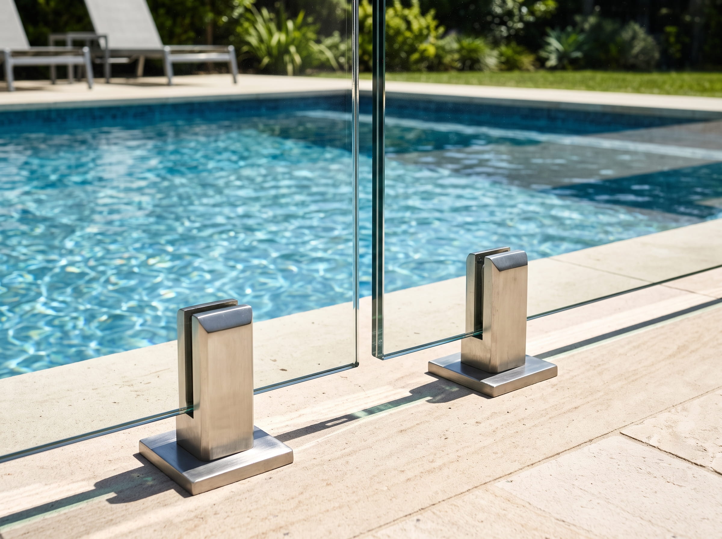 Modern swimming pool glass enclosure with stainless steel spigots